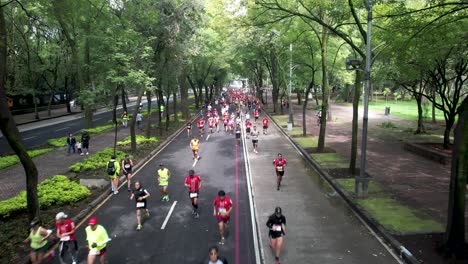 Frontale-Drohnenaufnahme-Der-Läufer-Des-Mexiko-City-Marathons-Mit-Der-Flagge-Mexikos