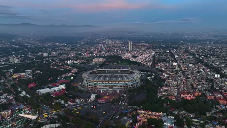 Aerial-view-around-the-Estadio-Azteca-stadium,-in-Mexico-City---wide,-panoramic,-drone-shot