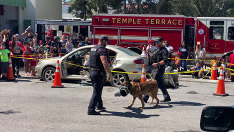 Demostración-Profesional-Pública-Para-Una-Multitud-De-Personas-De-Un-Policía-Y-Un-Perro-De-Ataque-De-La-Policía-Frente-A-La-Estación-De-Bomberos-De-Temple-Terrace,-Florida