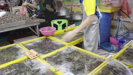 Un-Primer-Plano-De-La-Transacción-Entre-Un-Cliente-Y-Un-Comerciante-De-Mariscos-Para-La-Compra-De-Langostinos-Gigantes-De-Río-En-Un-Mercado-Húmedo-De-Mariscos-De-Tailandia