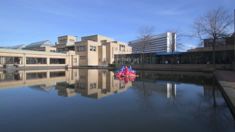 THE-HAGUE,-31-July-2020---Reflection-the-pond-of-Museon,-The-Hague-municipality-museum