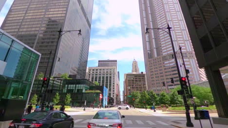 Driving-the-last-mile-of-the-Route-66-in-Chicago-on-the-Jackson-blvd,-approaching-the-end-sign---motion-lapse