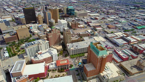 Aerial-Drone-Establishing-Shot-Of-Downtown-Cityscape-With-High-Rise-Buildings-And-Surrounding-Urban-Area