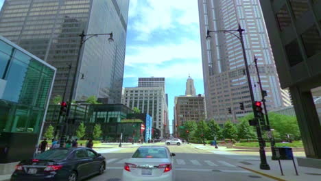 Motion-lapse,-approaching-the-end-of-Route-66,-Chicago-via-Jackson-blvd-as-seen-from-cabriolet