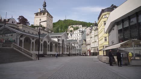 Market-Colonnade-in-Karlovy-Vary-or-Carlsbad,-gimbal-walking-view