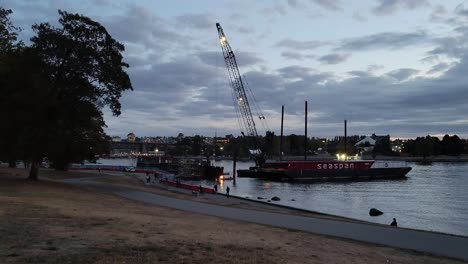 Cutting-Torch-Used-In-Dismantling-And-Removing-Of-Huge-Barge-Stranded-At-English-Bay-In-Vancouver,-Canada