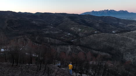 Luftaufnahme,-Die-über-Den-Menschen-Fliegt,-Mit-Blick-Auf-Verbranntes-Tal,-Waldbrand,-Naturkatastrophenschaden