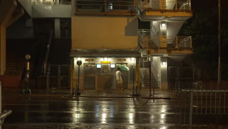 Un-Hombre-Paraguas-Esperando-El-Ascensor-Para-Subir-Al-Apartamento