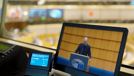 Member-of-parliament-speeching-in-the-European-Parliament-in-Brussels,-Belgium