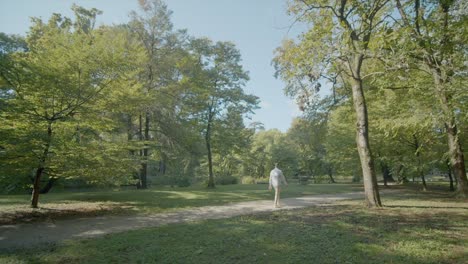 Mann,-Der-Auf-Einem-Kleinen-Pfad-In-Friedlicher-Natur-Spaziert,-Grüne-Bäume-Im-Park