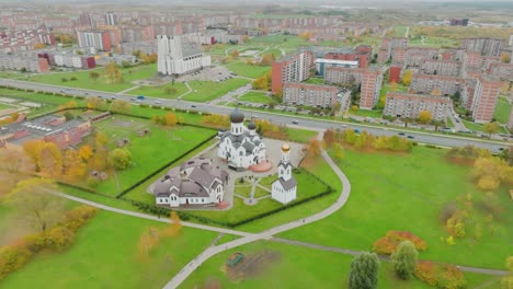 A-aerial-view-of-orthodox-church-Pokrov-Nikolskaya,-the-church-stands-in-the-southern-part-of-the-Klaipeda-city