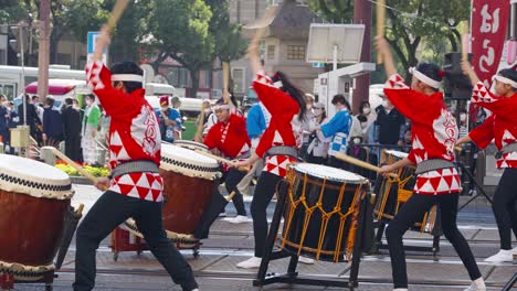 Taiko-drum-players-at-Kagoshima-Ohara-Festival,-Kyushu,-Japan