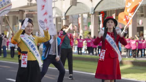 Beautiful-Japanese-girls-dancing-at-Ohara-Festival-in-Kagoshima,-Japan