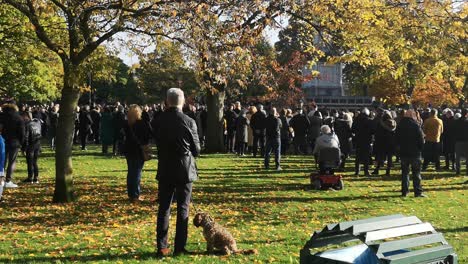 People-crowd-UK-park-memorial-Cenotaph-paying-respect-on-remembrance-Sunday-service