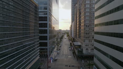 Calm-morning-flying-between-skyscrapers-in-Houston-city,-Texas,-USA---Aerial-view