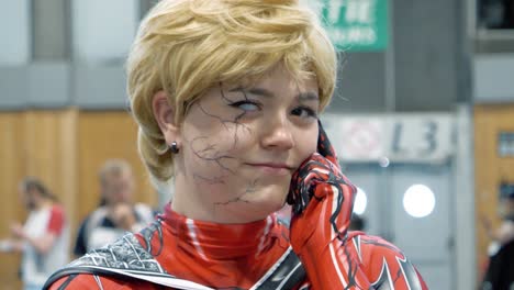 Close-up-shot-of-a-woman-posing-in-a-cosplay-outfit-at-the-Japanese-Expo-in-Paris