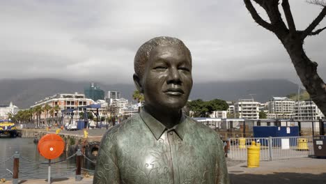 Nobel-Laureate,-Nelson-Mandela-statue-stands-in-Cape-Town-square