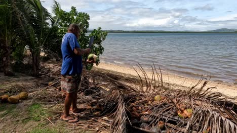 Old-man-cutting-opening-fresh-young-coconut-on-a-tropical-beach,-Fiji