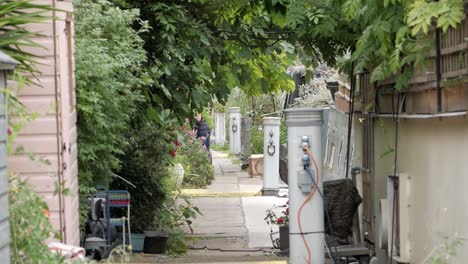 Picturesque-scene-of-London-canal-walkway,-Lisson-Grove-Moorings