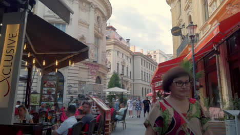 Old-town-streets-with-restaurants-and-tourists-,Bucharest-Romania