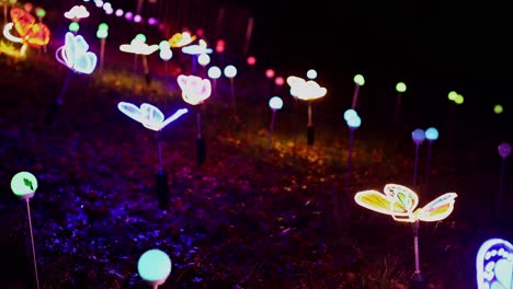 Illuminated-Butterfly-sculptures-at-Lightopia-in-Crystal-Palace-park,-London