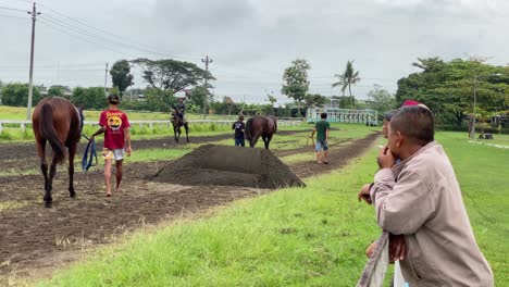 Los-Jinetes-Están-Entrenando-A-Sus-Caballos-Para-Prepararse-Para-Las-Carreras-De-Caballos-En-La-Pista