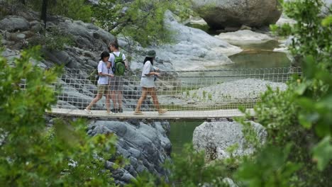 Los-Turistas-Están-Cruzando-El-Puente-Colgante-Sobre-El-Río