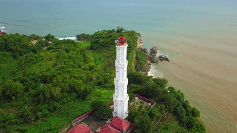 Aerial-rotating-shot-of-lighthouse-on-the-hill