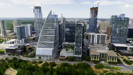 Aerial-view-around-the-Google-building-in-Austin,-summer-day-in-Texas,-USA---circling,-drone-shot