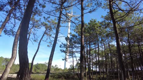 Windkraftanlage-Dreht-Sich-Hinter-Einem-Kiefernwald-Mit-Einer-Anderen-In-Der-Ferne