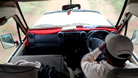 Guía-De-Safari-Tanzaniano-Conduciendo-Un-Coche-4x4,-Tiro-Interior-Con-El-Salpicadero