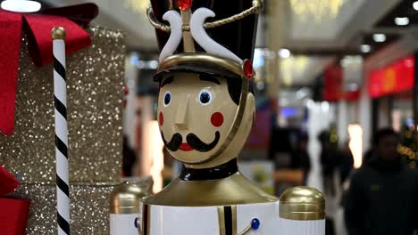 Closeup-of-a-Nutcracker,-Beautiful-Decorative-Soldier-Figurine,-Hammersmith,-London,-United-Kingdom