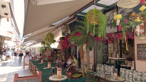 Distinctive-Street-Caffe-In-Heart-Of-Ioannina-Town,-Suspended-Plant-Pots,-Greece