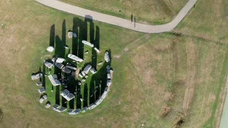 Top-down-aerial-view-above-Stonehenge-ancient-stone-trilithon-circle-on-Salisbury-plain-at-sunrise