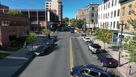 Downtown-historic-city-in-USA-with-American-flags