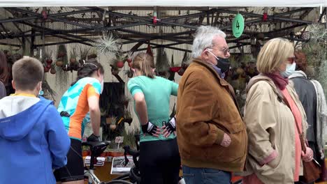 People-looking-at-the-display-of-a-market-stall-at-the-annual-flower-market-held-in-Meran,-South-Tyrol,-Italy