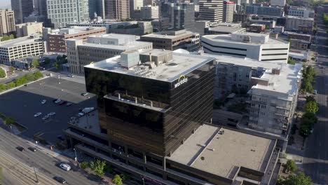 Orbiting-aerial-view-of-the-Workday-HQ-building-in-Salt-Lake-City,-Utah