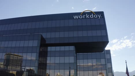 Rising-aerial-view-of-the-Workday-headquarters-building-in-Salt-Lake-City,-Utah