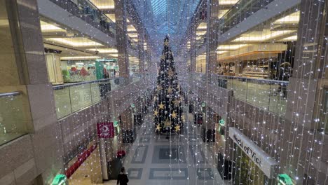 Calgary,-Alberta---December-20,-2022:-Inside-the-atrium-of-a-downtown-mall-with-the-a-giant-Christmas-tree-and-lights-on-display