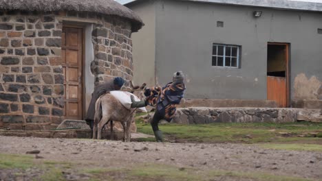 Two-African-men-secure-large-bag-of-grain-onto-back-of-small-donkey