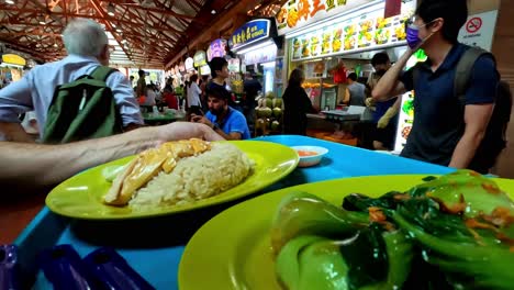 Tray-With-Food,-Walking-Dolly-in-Canteen,-Singapore