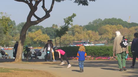 Familien,-Die-An-Einem-Sonnigen-Tag-Mit-Kindern-Und-Hunden-Im-Park-Spazieren-Gehen