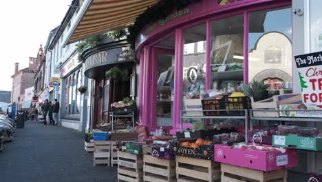 Winter-time-and-street-in-Kinsale,-Ireland,-with-shops-and-vegetables,-trees-for-sale-etc