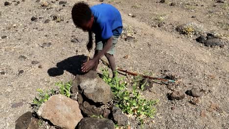 Niño-Africano-Local-Afilando-Una-Punta-De-Flecha-Hecha-A-Sí-Mismo-Contra-Una-Roca-En-La-Sabana-De-Tanzania