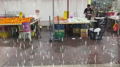 Tilt-up-view-of-vendors-selling-fruits-during-rainy-days-in-Ang-Mo-Kio,-Singapore