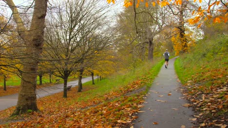 Vista-Trasera-Del-Hombre-Trotando-En-El-Parque-De-Greenwich-En-El-Tiempo-De-La-Mañana