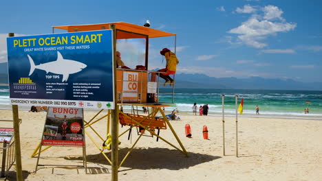 Ein-Großes-Schild-Neben-Dem-Rettungsschwimmerturm-Warnt-Strandbesucher-Vor-Haiaktivitäten-Im-Ozean