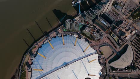 Vertical-aerial-view-of-the-O2-Millennium-Dome,-Greenwich,-London,-UK