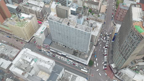 Drone-over-Durban-City-Centre-South-Africa-with-offices-and-apartments-and-traffic