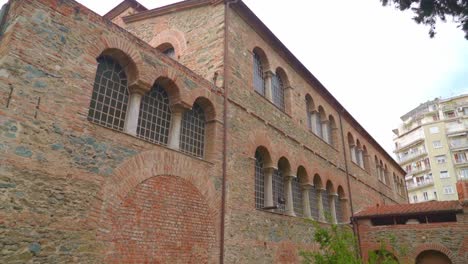 Church-of-the-Virgin-Mary---Byzantine-church-in-Thessaloniki,-built-in-1028,-with-three-domes-and-surviving-murals-dedicated-to-the-Virgin-Mary-protector-of-the-coppersmiths